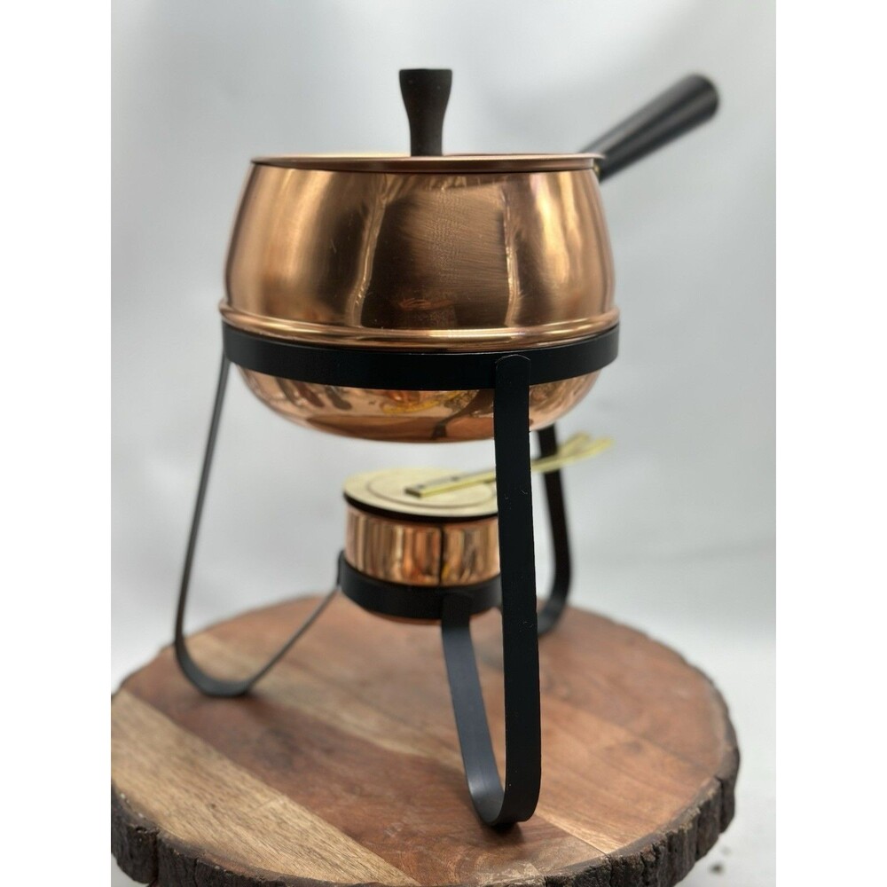 Vintage Copper Fondue Pot Set Wooden Handle Stand & Burner
